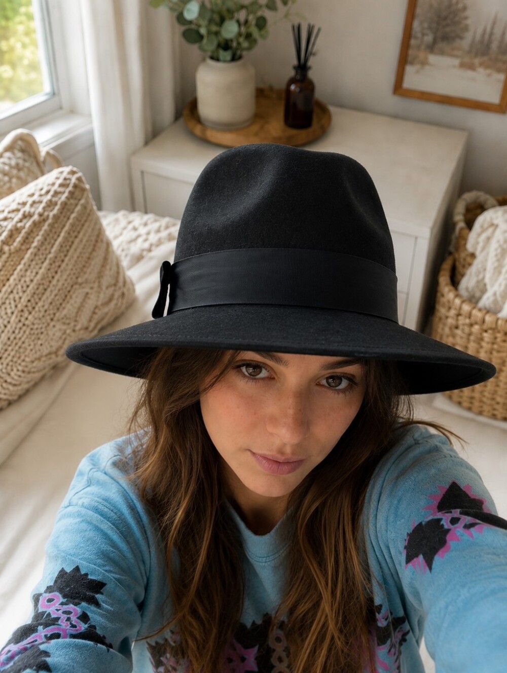 Classic Black Wide-Brim Wool Fedora Hat - Women
